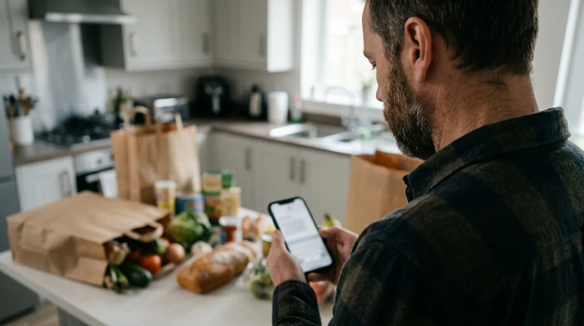 Vásárló telefonos üzenetet néz a kipakolásra váró élelmiszerek mellett.