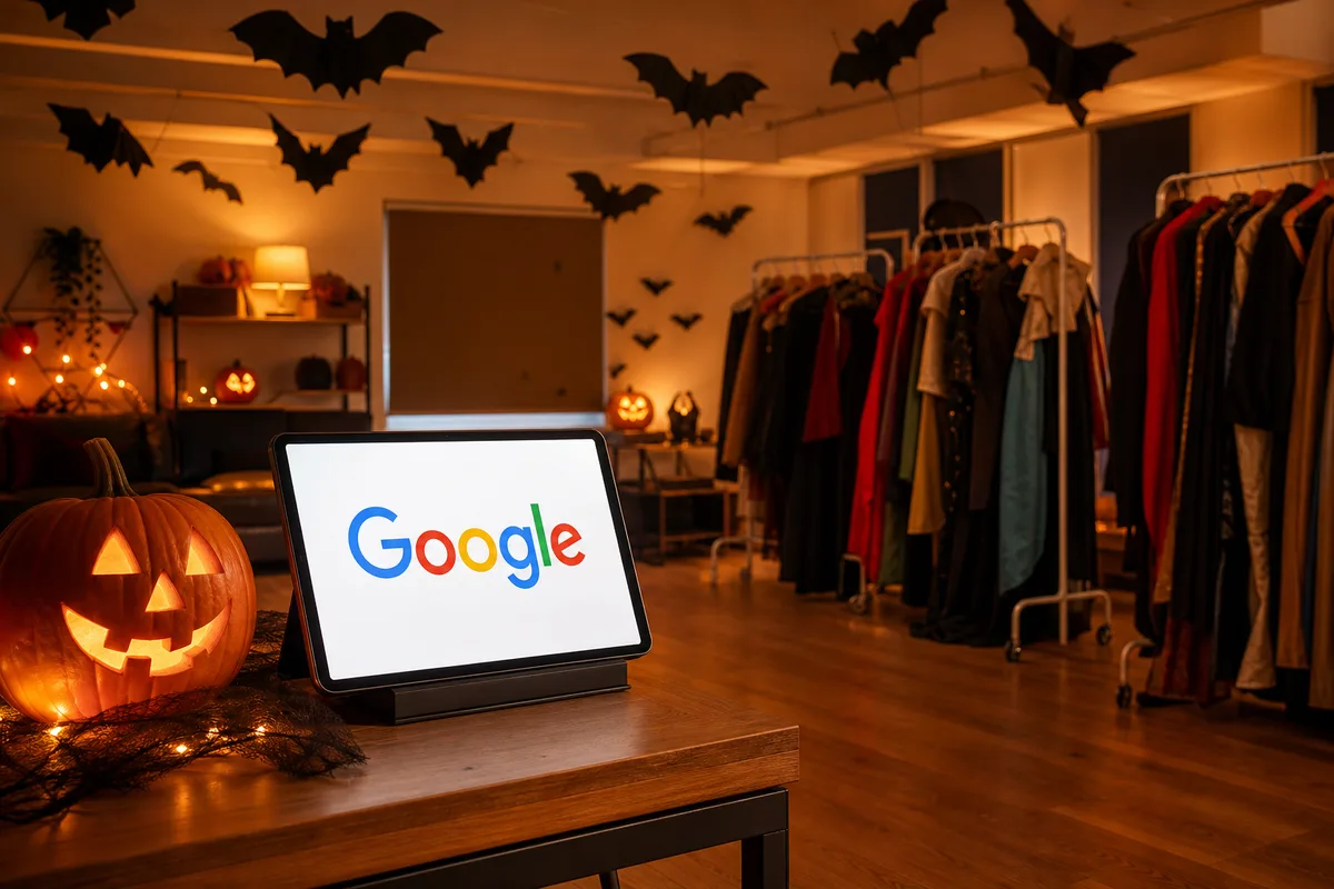 Halloween-jelmezhez kikészített ruhák és fényképezéshez felállított telefon.