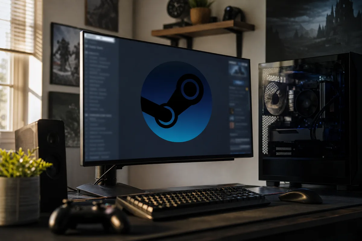 PC-s játékplatform eredményoldala kék és lila csoportokkal egy monitoron.
