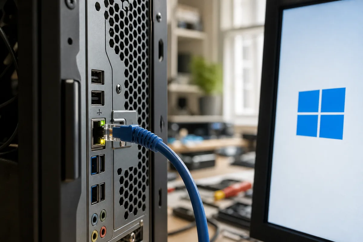 Ethernet-kábelekkel bekötött szerverszekrény kihúzott számítógépes konzollal.