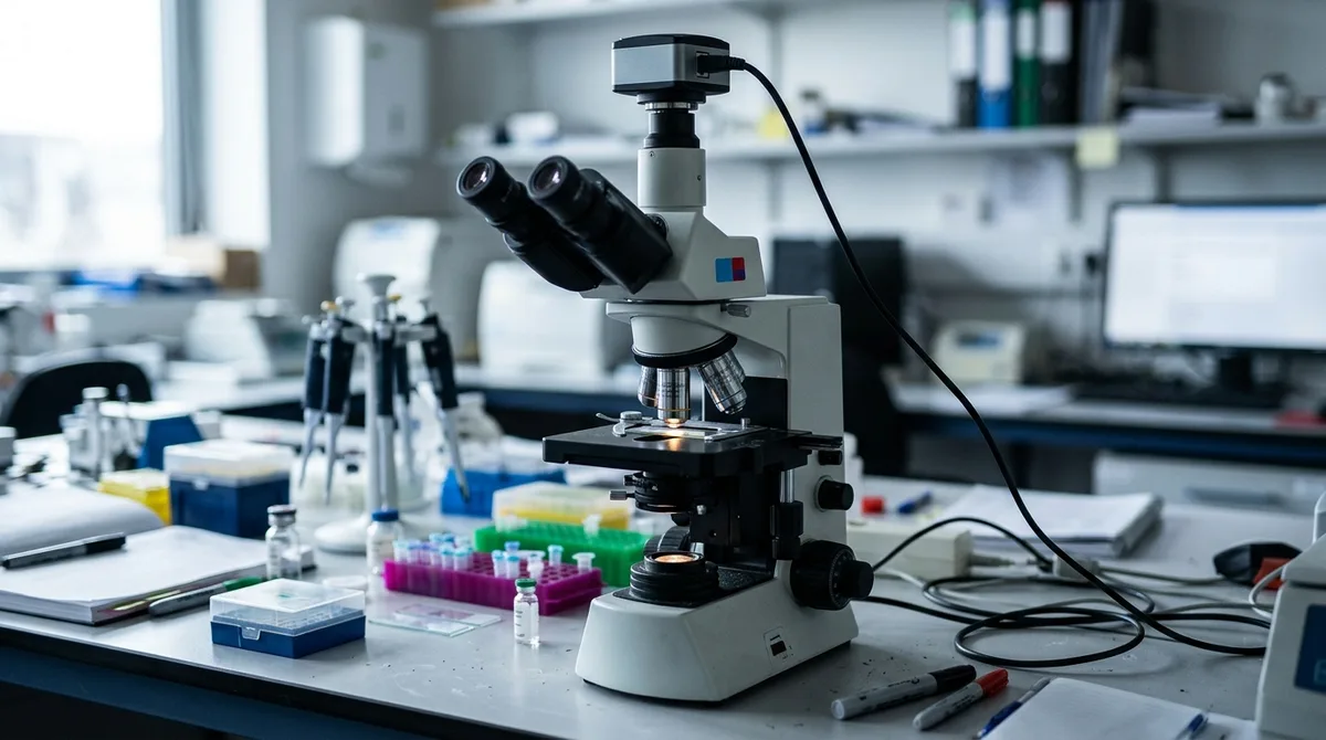 Kamerával felszerelt kutatómikroszkóp és tárgylemez egy laboratóriumi munkapadon.